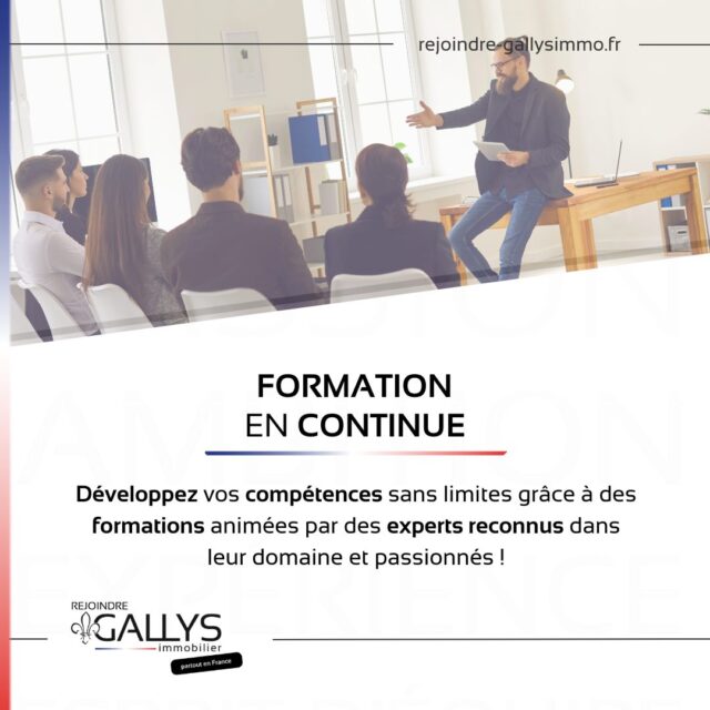 ⚜️ 𝗚𝗮𝗹𝗹𝘆𝘀 𝗜𝗺𝗺𝗼𝗯𝗶𝗹𝗶𝗲𝗿 : 𝗟𝗮 𝗳𝗼𝗿𝗺𝗮𝘁𝗶𝗼𝗻 𝗰𝗼𝗻𝘁𝗶𝗻𝘂𝗲 𝗽𝗼𝘂𝗿 𝗮𝗹𝗹𝗲𝗿 𝘁𝗼𝘂𝗷𝗼𝘂𝗿𝘀 𝗽𝗹𝘂𝘀 𝗹𝗼𝗶𝗻 ! ⚜️ 

Chez Gallys Immobilier, développez vos compétences sans limites grâce à des formations animées par des experts passionnés et reconnus. 🎓🔥 

🚀 Apprenez, progressez et atteignez vos objectifs avec un accompagnement de qualité ! 

Rejoignez-nous !
www.rejoindre-gallysimmo.fr

#GallysImmobilier #FormationContinue #Expertise #ÉvolutionProfessionnelle